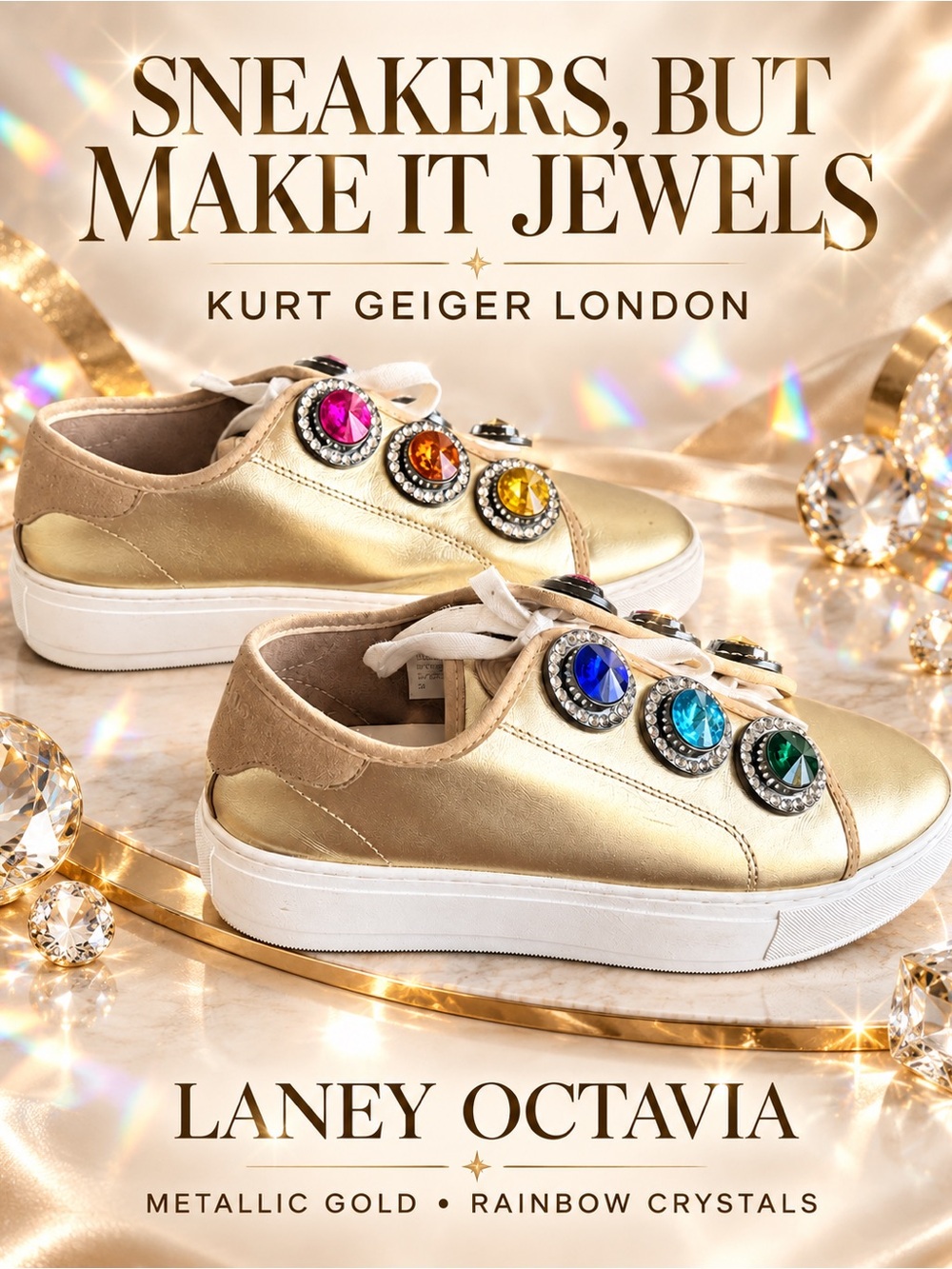🩷💎 EUC Kurt Geiger Laney Octavia Gold Rainbow Jewel Sneakers EU 39 ✨ - Picture 11 of 11